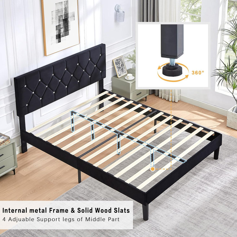 Black Full Size Velvet Upholstered Platform Bed Frame with Diamond Tufted Headboard, No Box Spring Needed, Full, Black
