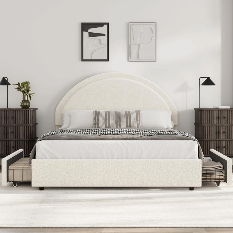 Modern Boucle Upholstered Platform Bed Frame with 2 Storage Drawers - Rounded Headboard - Sturdy Wooden Slats, White, Full