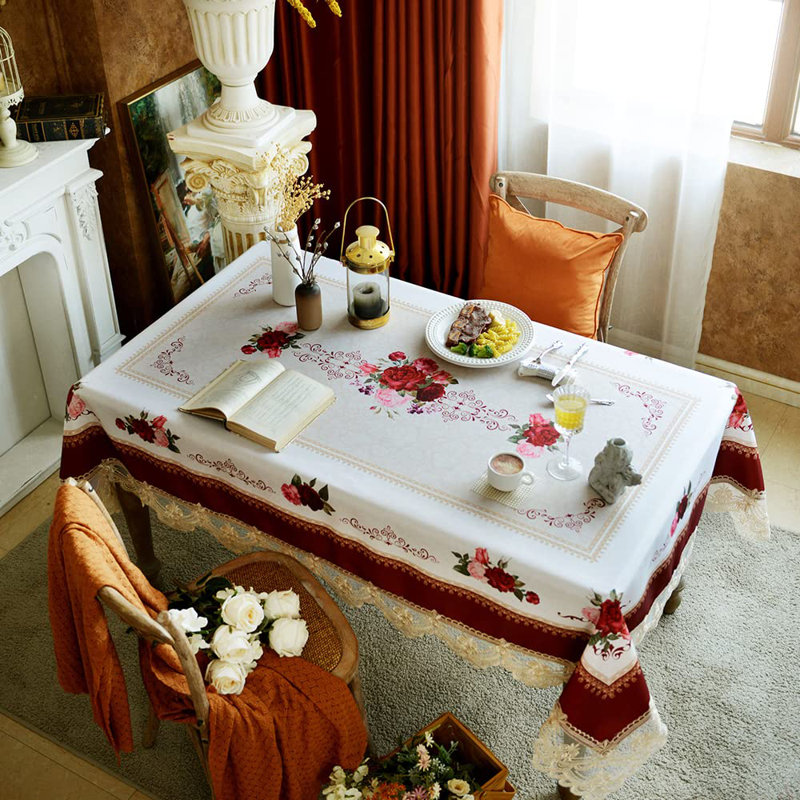 Burgundy and White Lace Embroidered Rectangular Tablecloth