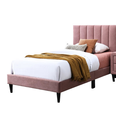 Modern Twin Pink Bed With Adjustable Channel Headboard, Middle Support Legs, Linen Material, 12 - Slat Support, No Box Spring, 78.9" Long Fabric, 42.5" Wide, Long, Simple Assembly