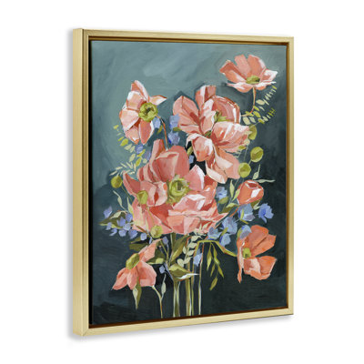 Fleurs roses riches sur cadre flottant bleu, design par Annie Quigley
