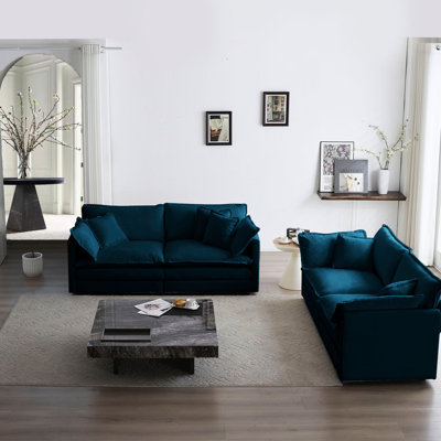 Salon en chenille bleue, 2 pièces, base en bois massif, matériau respirant, confort rembourré, mobilier polyvalent en chenille 2. Cadre, éponge, tissu moderne