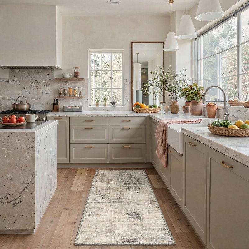 Pavelina Modern Distressed Abstract Machine Washable Beige / Grey Indoor Area Rug with Non-Slip Backing, Runner 2'6" x 8'