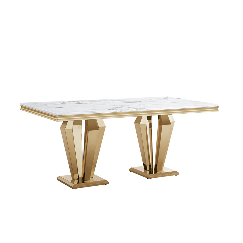 Leeanna Faux Marble Top Metal Base Dining Table, White, Gold