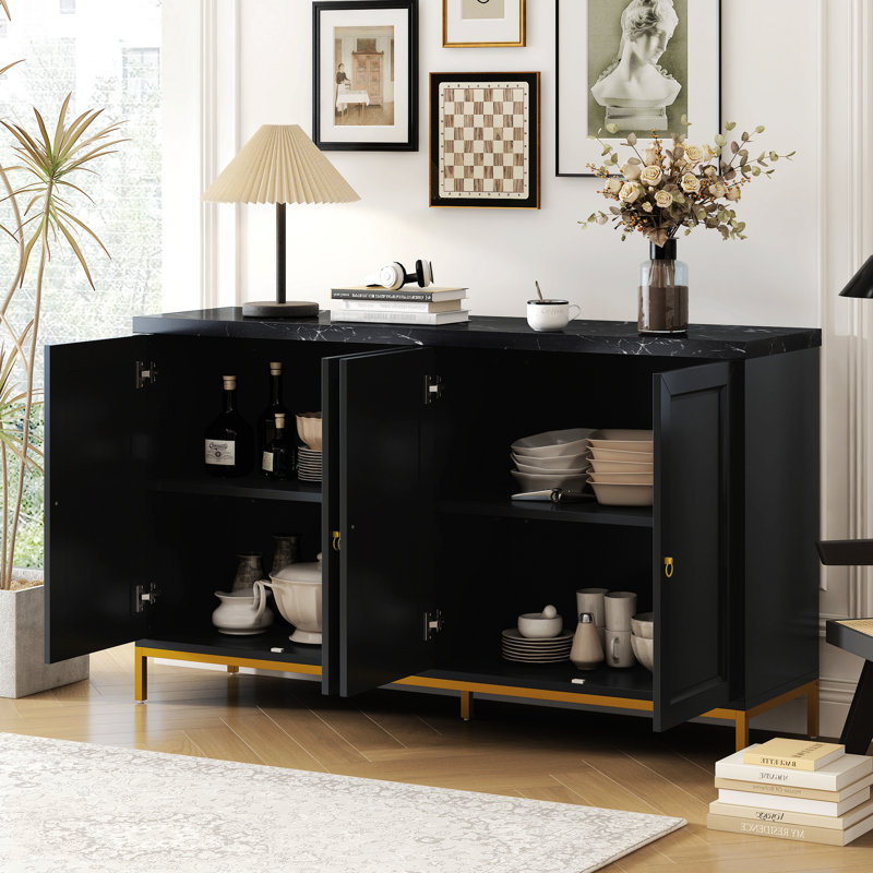 Buffet moderne avec très grand espace de rangement avec poignées en métal et pieds de soutien, Noir