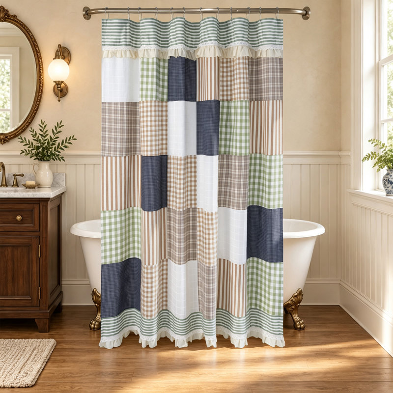 Rideau de douche en coton à boutons, Navy Blue Patchwork