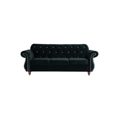Black Velvet 3 - Seat With Pillows, Contemporary Luxury Look, Crystal Accent And Silver Trim, 93"l X 34"w 37"h Seat, Traditional Back Nailhead
