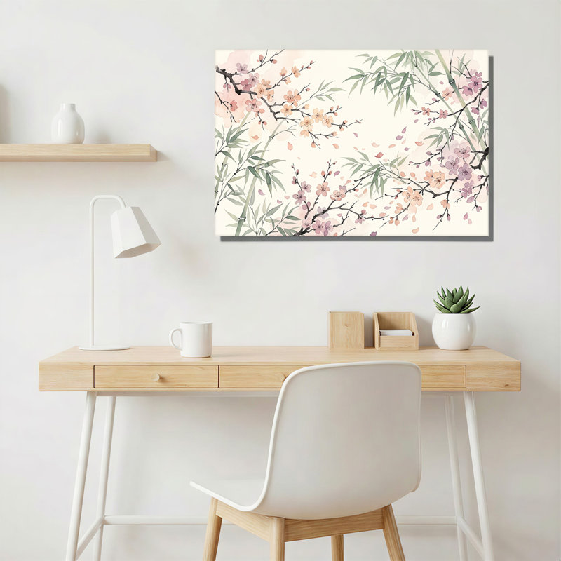 Aquarelle sur toile de fleurs de cerisier rose et branches de bambou, 32"H x 48"W