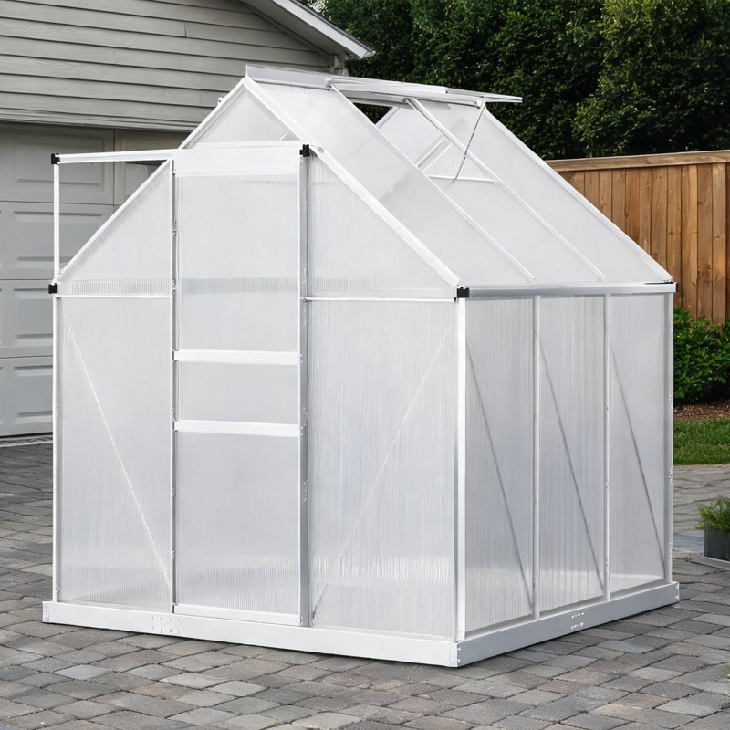 Serre de plain-pied en aluminium et polycarbonate avec porte coulissante, argent doux, 6,2 x 6,2 x 6,6 pi