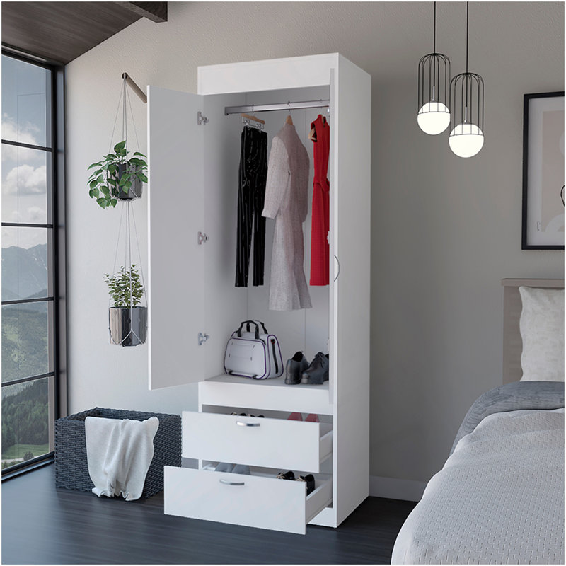 Armoire Tarento, deux tiroirs, finition blanche, Blanc