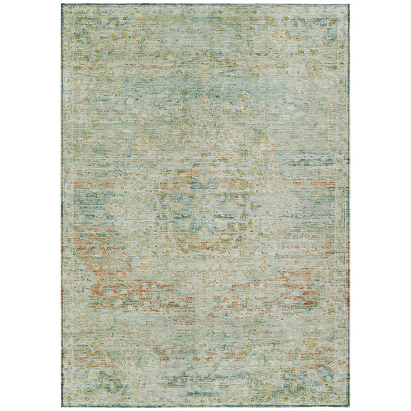 3' X 5' Sage And Copper Medallion Washable Indoor Outdoor Area Rug