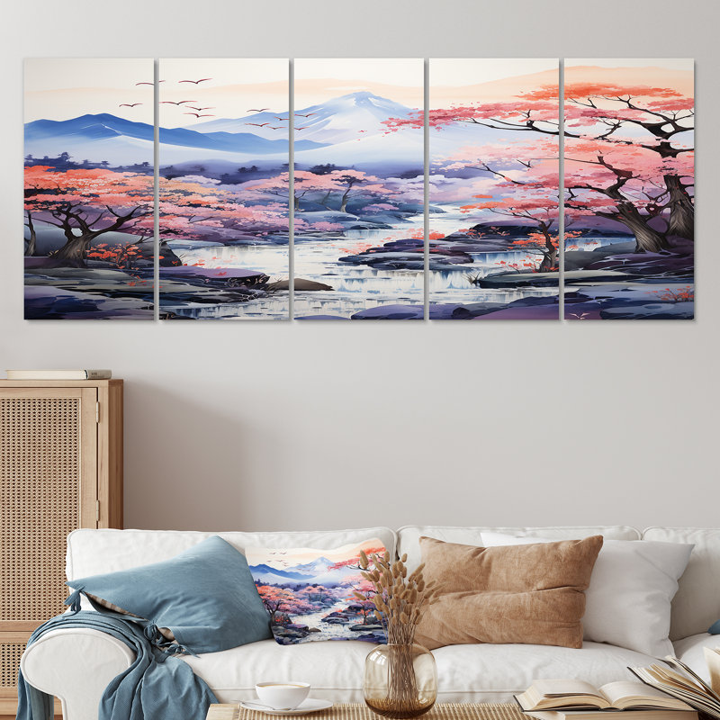 5 pièces de décoration murale en forme de rivière pastel chinois I - Maison de lac, H 32 po x l 80 po