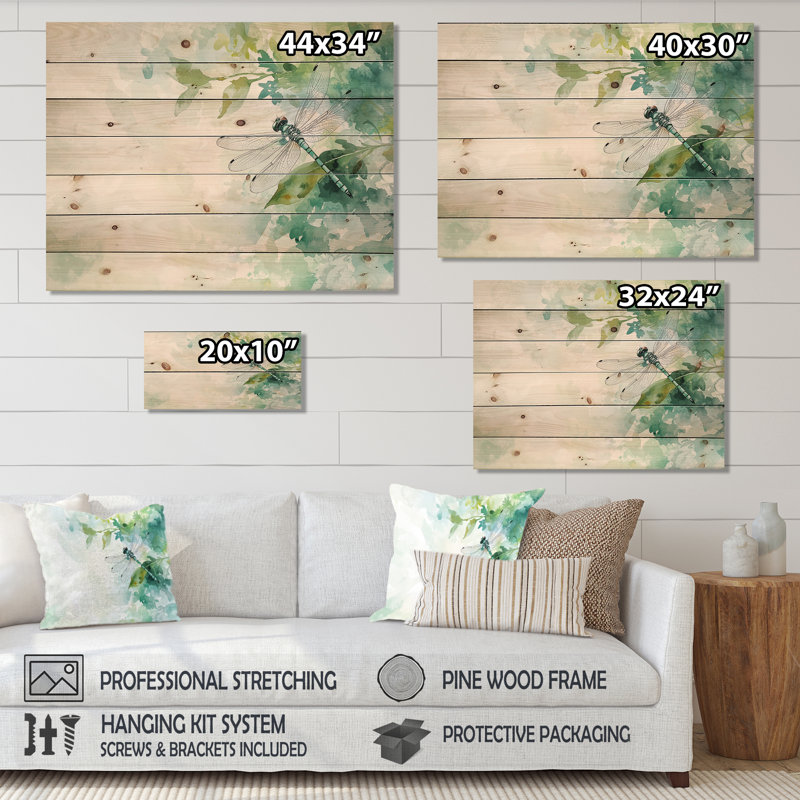 Libellule sur une feuille - Art mural moderne sur bois de pin naturel, H 34 po x l 44 po