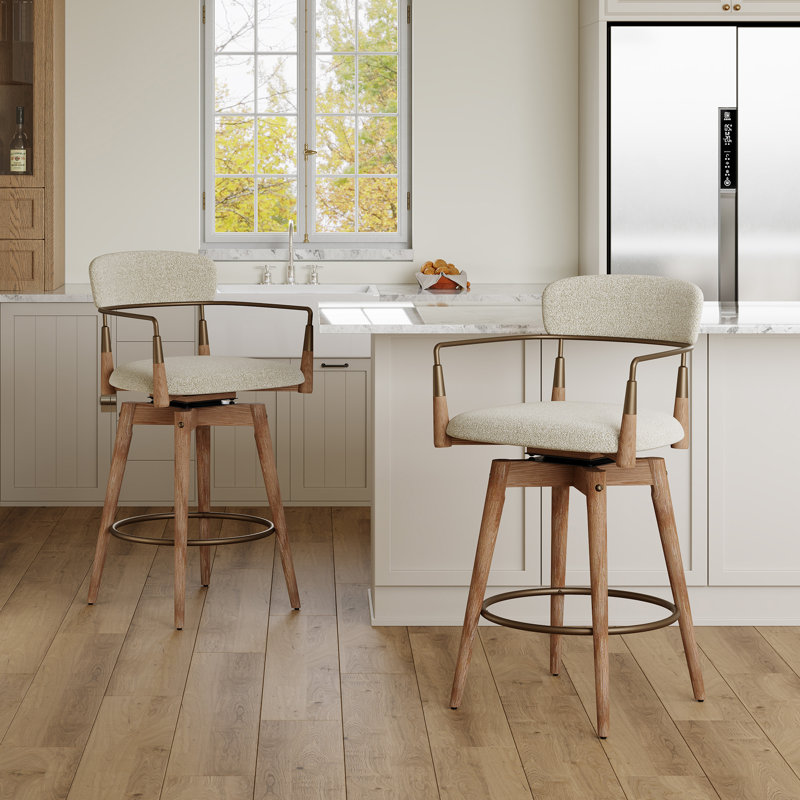 Mid-Century Modern Swivel Counter Stool With Solid Wood Frame, Beige
