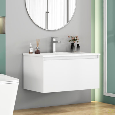32-Inch Wall-Mounted Bathroom Vanity With 1 Big Drawers, Soft-Close System,Ceramic Sink,No Handle Design,Solid Wood,Painting Finish,Easy To Install,The Faucet Is Not Included