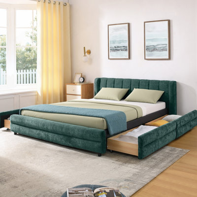 Structure de lit tapissier pour grand lit avec tissu en chenille épais, tête de lit confortable et tiroirs de rangement sous le lit en bleu et vert