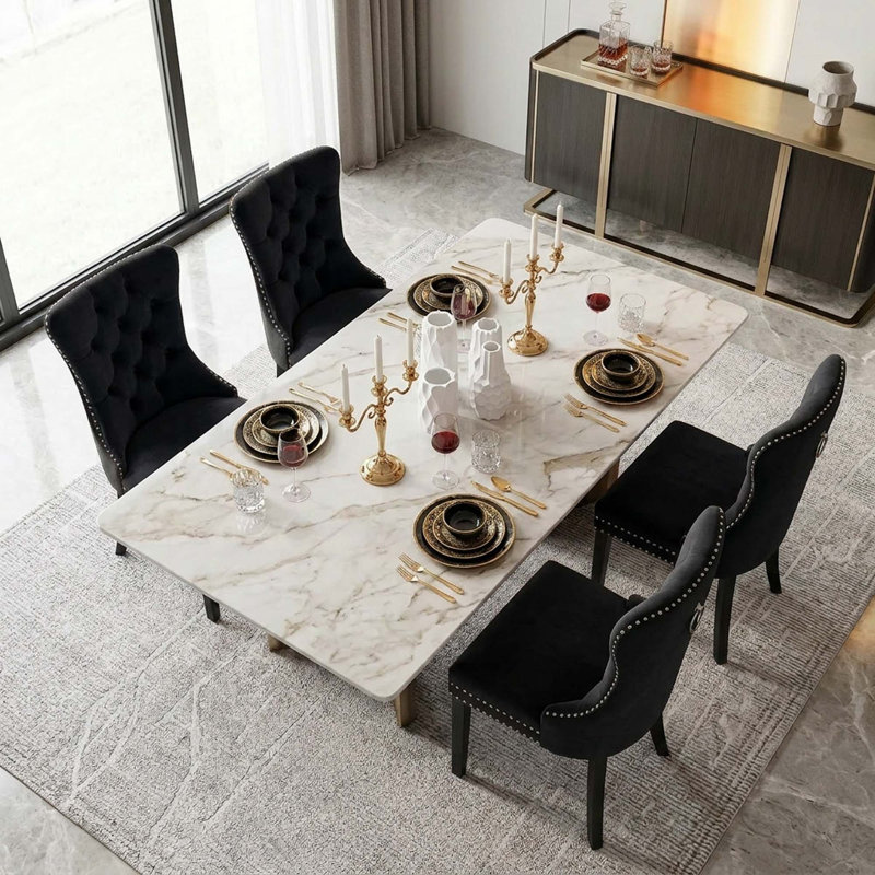 Ensemble de chaises de salle à manger en velours 4 pièces, avec anneau de traction et garniture cloutée, pour la cuisine et la salle à manger, noir