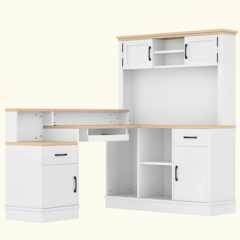 Bureau d'ordinateur en L avec prises de courant, tiroirs et bibliothèque, bureau d'angle moderne, Naturel / Blanc