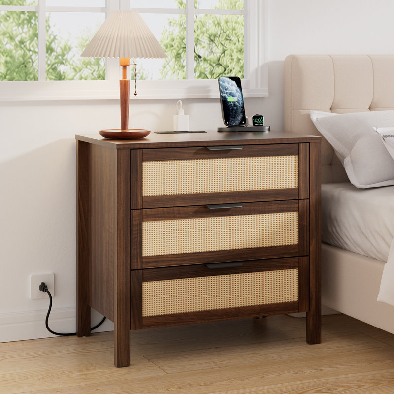 3-Drawer Boho Nightstand With Power Outlet, Brown