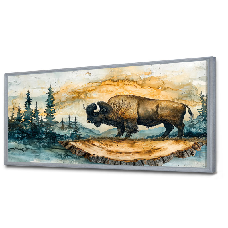 Bison américain dans un paysage d'été II - Bison, art mural, H 28 po x l 60 po, Cadre flottant, Argent argent