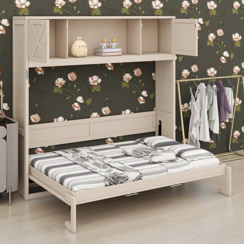 Lit escamotable avec armoires de rangement, Beige