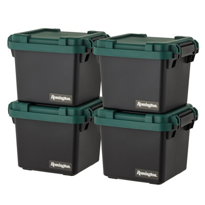 7.5 Gal. Remington Heavy Duty Trail Box, Stackable Storage Bin With Latching Lids, Black, (4-pack)