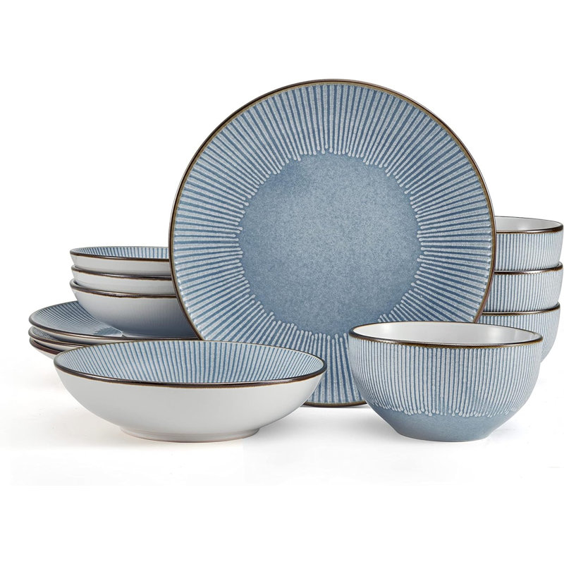 Arlie Blue Ceramic 12-Piece Dinnerware Set, Service for 4