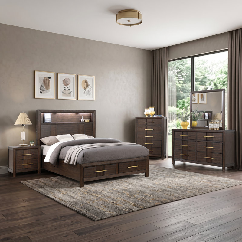 Ensemble de chambre à coucher Adryan, Très grand lit, Brun, 5 Pcs: Bed, 2 Dressers, Mirror, Nightstand