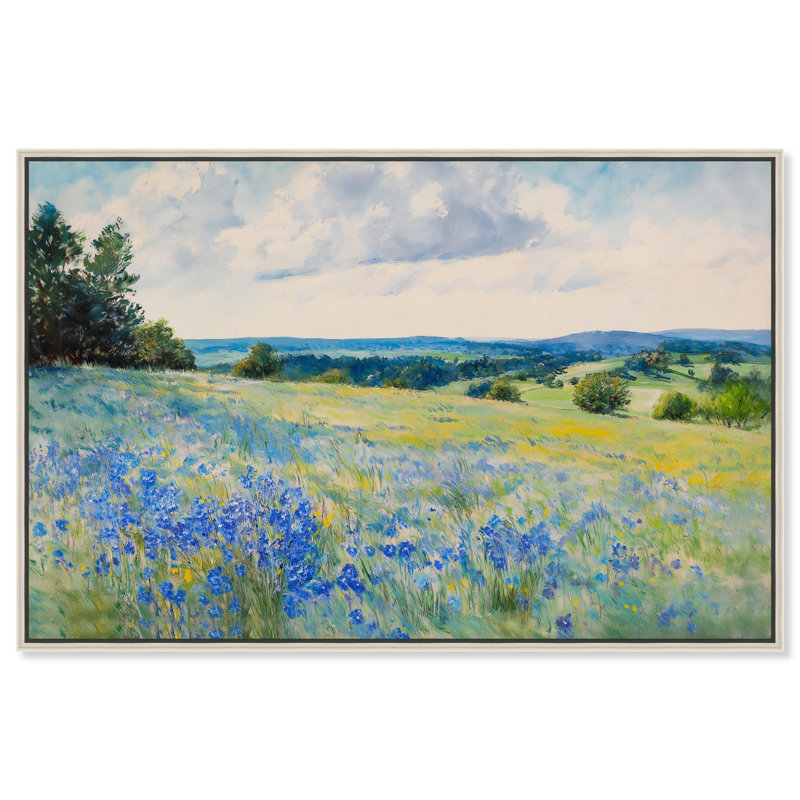 «Sky Over Blue Fields» par Art Remedy, Encadrement argenté, H 31 po x l 46 po