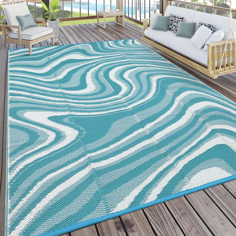 Waterproof Reversible Outdoor Rug – Lightweight UV Resistant Plastic Straw Patio Carpet, Modern Blue/Green Striped Area Mat, Easy Clean for Camping, Picnic, Deck, Porch – Lake Green/Light Blue/White, 10x14ft (305x427cm)