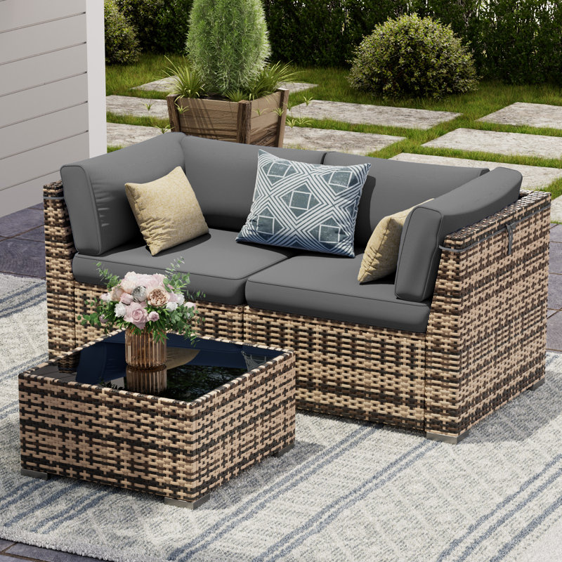 Outdoor Wicker Patio Loveseat Sofa With Cushions, All-Weather PE Rattan Outdoor Couch With Adjustable Feet, Anti-Slip Cushions & Modern Side Table For Porch, Backyard