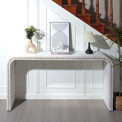 Washed white Console Table, 59in Entryway Table, Curved Waterfall-style Table,Console table with wood beads,Entrance Table for Entryway, Hallway, Livi