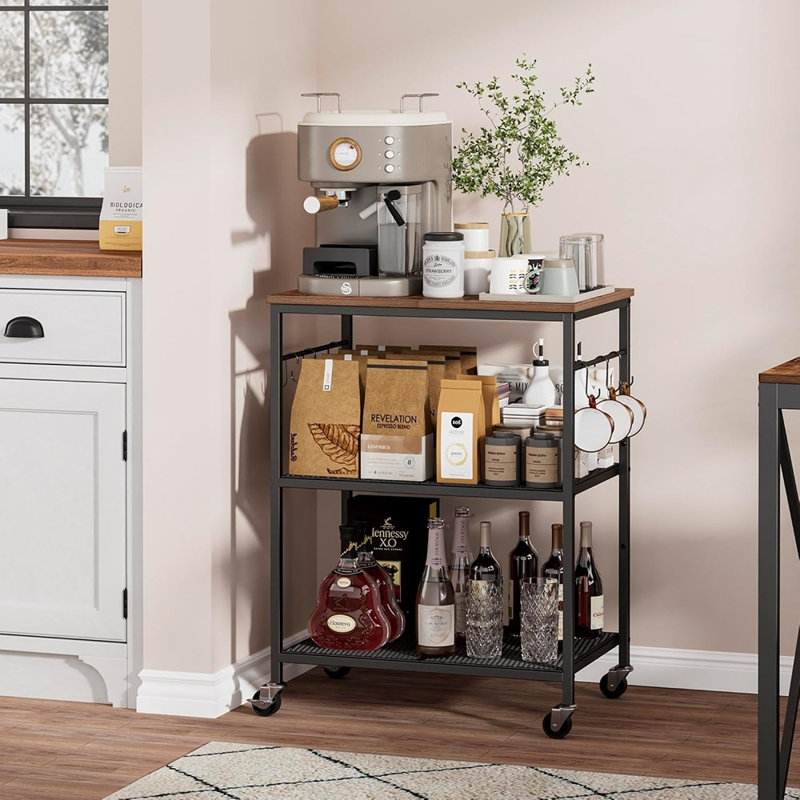 3-Tier Rolling Kitchen Cart With Lockable Wheels, Microwave Stand And Coffee Bar Station With 6 Hooks, Rustic Brown And Black Utility Storage Shelf For Small Appliances