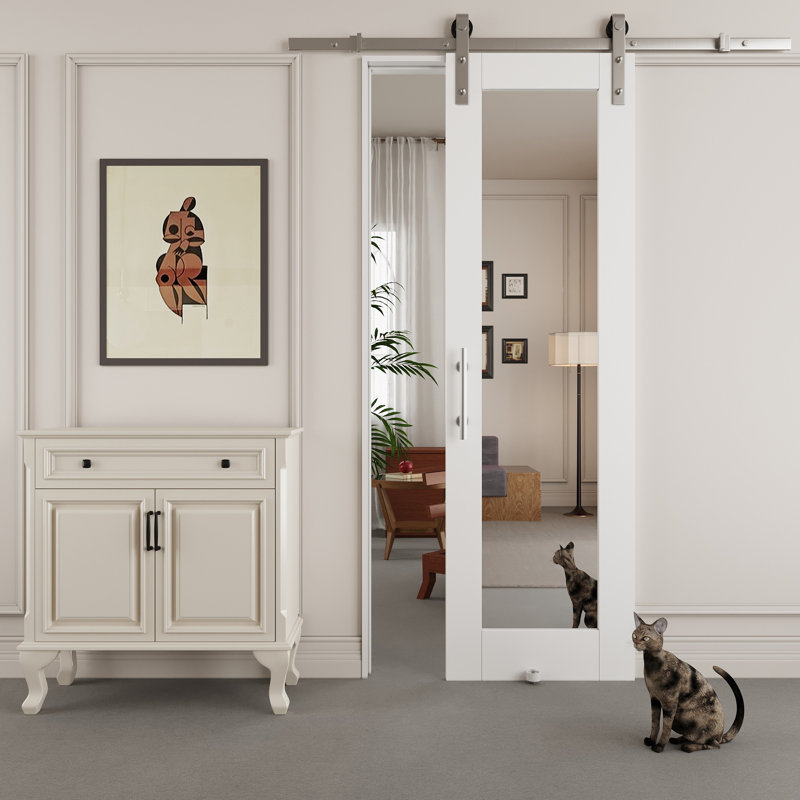 Porte de grange coulissante en bois manufacturé 80 po avec miroir en bois massif avec trousse de quincaillerie nickelée (aucun assemblage requis)