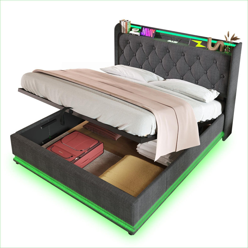 Hydraulic Storage Upholstered King Bed Frame for Bedroom, Classic Gray Linen with 360 Surround LED Multi-Control Function