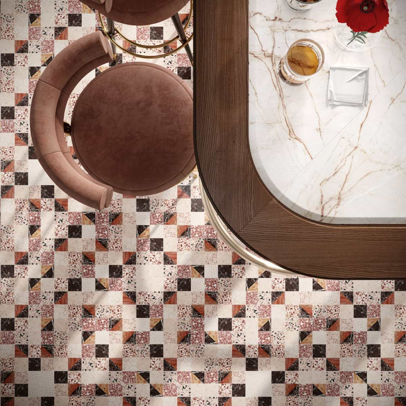 Elizabeth Sutton Artem 3x3 Polished and Honed Marble and Terrazzo Mosaic Tile, Cardinal Terracotta Red