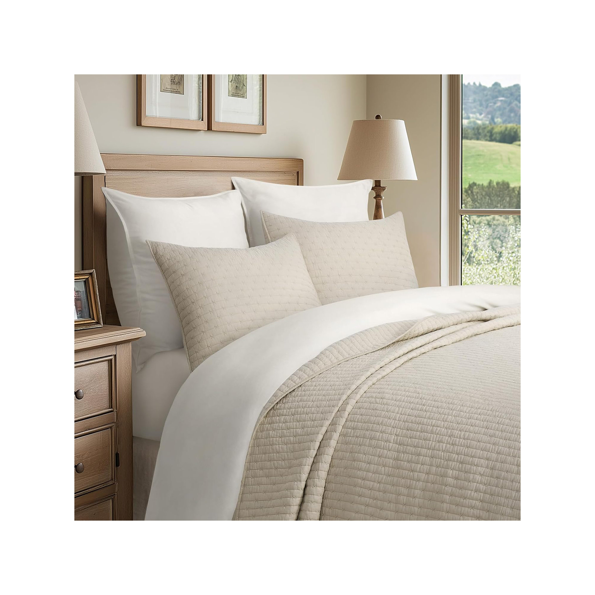 Cross Stitch Cotton Quilt set, Flax Beige, Oversized CalKing Quilt+2Oversized Cal King Shams