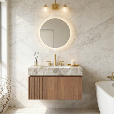 Meuble-lavabo de salle de bain, armoire de rangement en contreplaqué flottant avec tiroir et porte, plateau en pierre frittée gris clair et lavabo en céramique