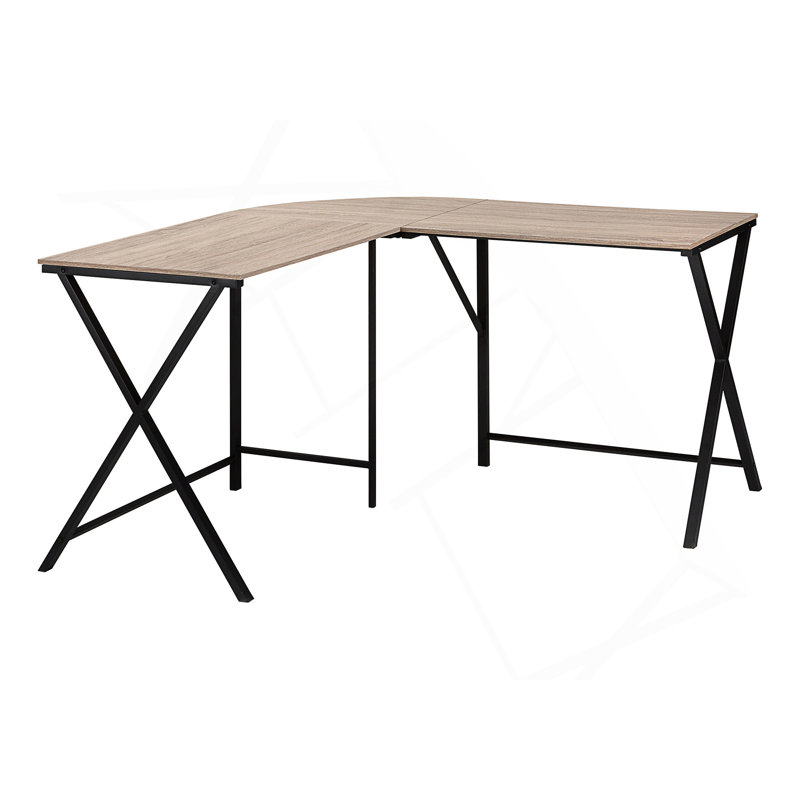 Bureau d'ordinateur d'angle en L avec une surface de travail spacieuse et une finition bicolore moderne pour une installation de bureau à domicile efficace.