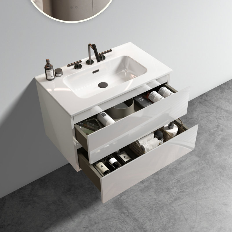 Meuble-lavabo moderne pour salle de bain blanc brillant - Fonction silencieuse et espace supplémentaire 24 po mural brillant avec évier en céramique et trois trous de tiroir