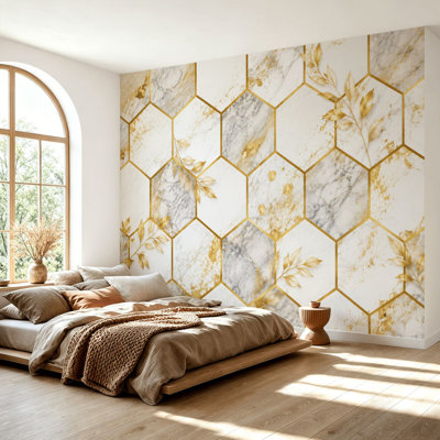 Papier peint adhésif mural or et blanc hexagonal et éléments botaniques auto-adhésifs en papier contact mural pour le salon Chambre à coucher H 69 po x l 96 po