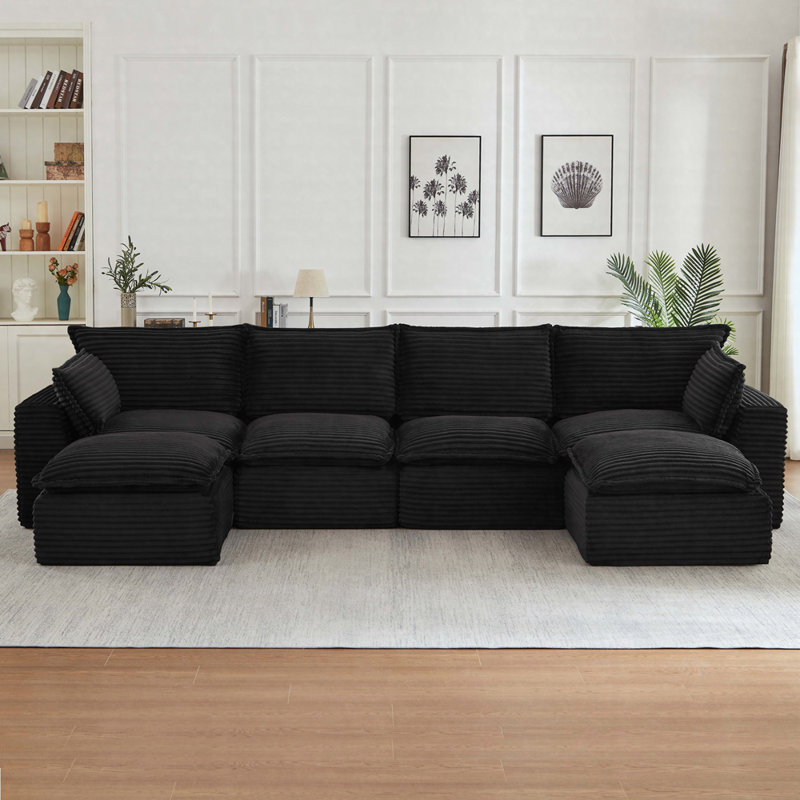 Cloud U-Shape Sectional Couch With Movable Ottoman, Black Corduroy