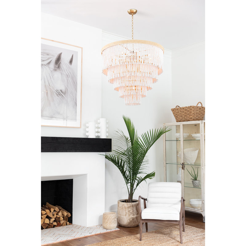 White Beaded 13-Light Waterfall Chandelier with Rattan Frame