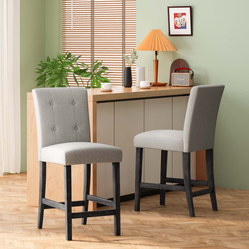 Ensemble de 2 tabourets de comptoir capitonnés contemporains en tissu, 26 po, Siège gris / cadre noir