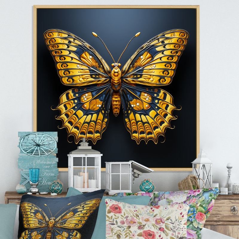 «Lemon Yellow Tones» représentant des papillons sur toile, Cadre photo noir, H 16 po x l 16 po