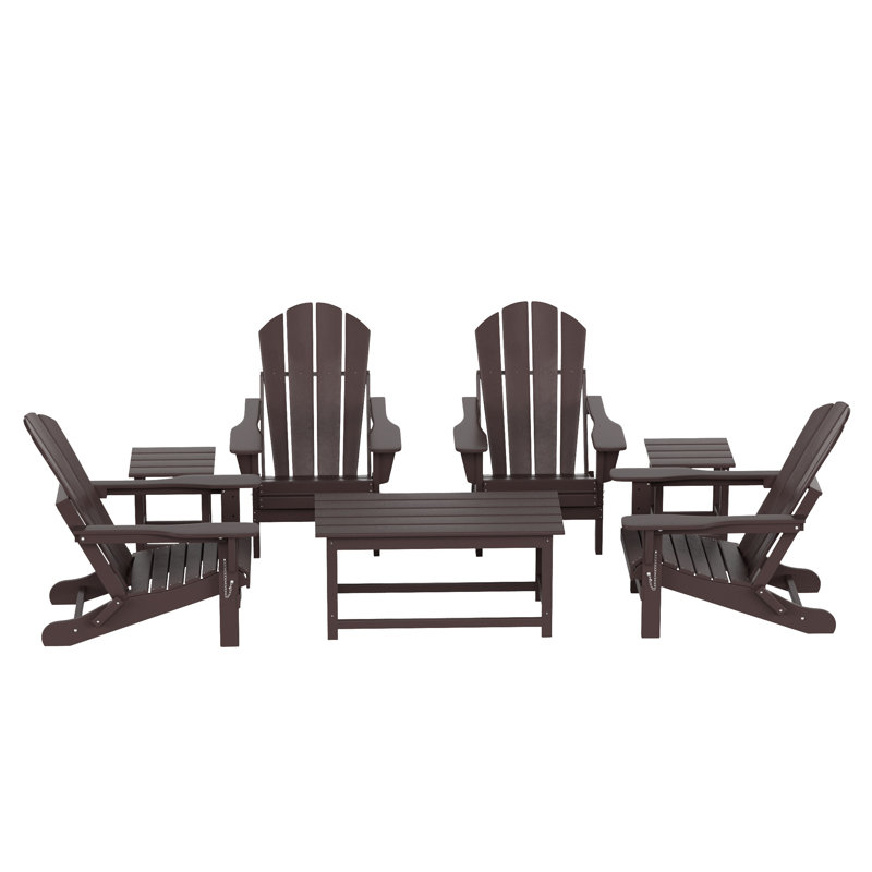 Chaise Adirondack d'extérieur pliable 7 pièces avec table Vinnie, Brun foncé