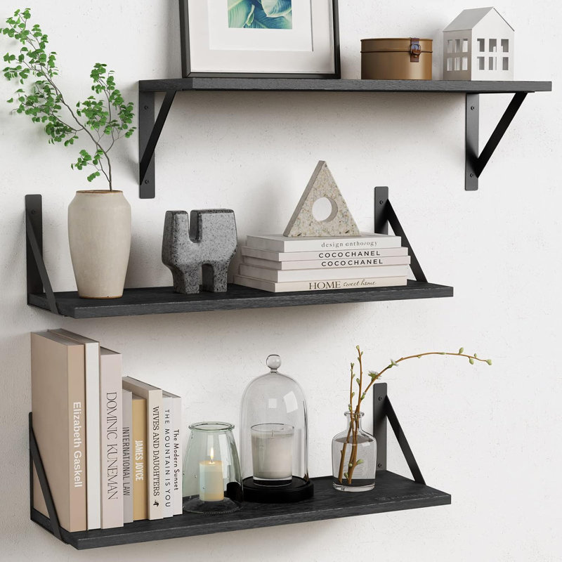 Floating Wall Shelves Set Of 3, Modern Wood Mounted Storage Shelves For Bathroom, Bedroom, Living Room, Kitchen, Office, Laundry Room, Closet - Rustic Yet Stylish Design With Sturdy Metal Brackets