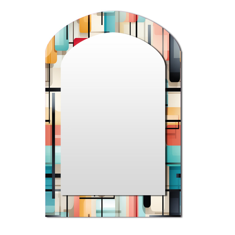Geometric Green And Pink Gridlock - Geometric Arch Mirror, Black Asymmetrical Unique Wall Mirror, Printed Metal Art