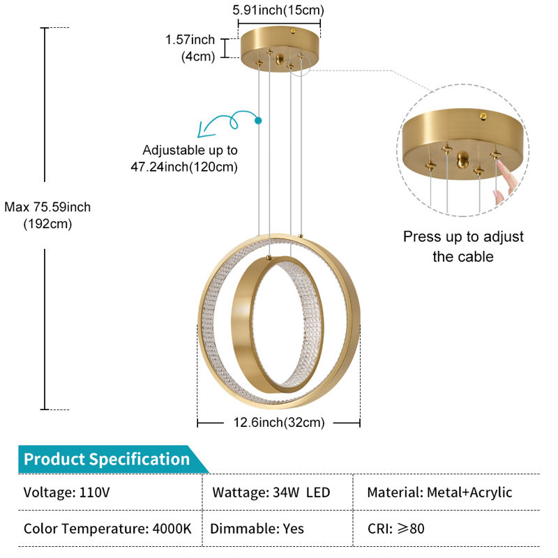 Jansel Modern LED Chandelier Gold Pendant Light 2 Ring Acrylic 34W 4000K Dimmable Height-Adjustable, Gold