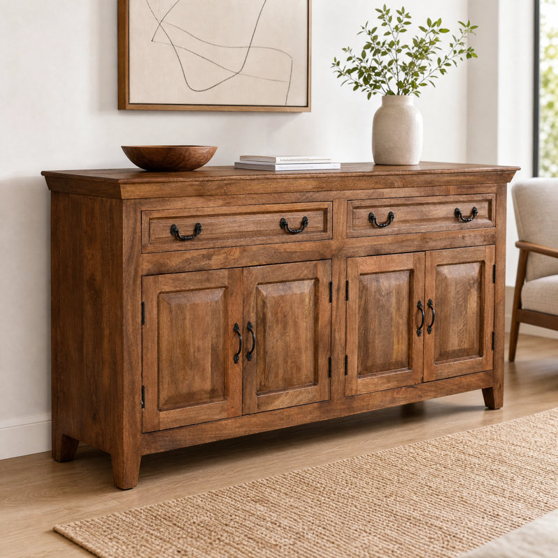 Jamya 69" Solid Mango Wood Sideboard Buffet - Light Walnut Finish, Light Walnut
